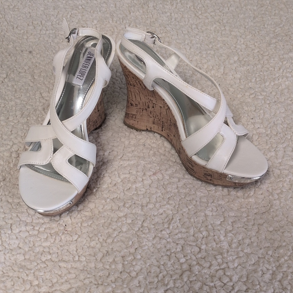 Jennifer Lopez White Slingback Cork Wedge Sandals